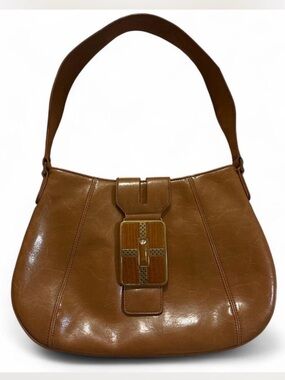 Classic Brown Leather Shoulder Bag with Unique buckle design by Ana Firenze